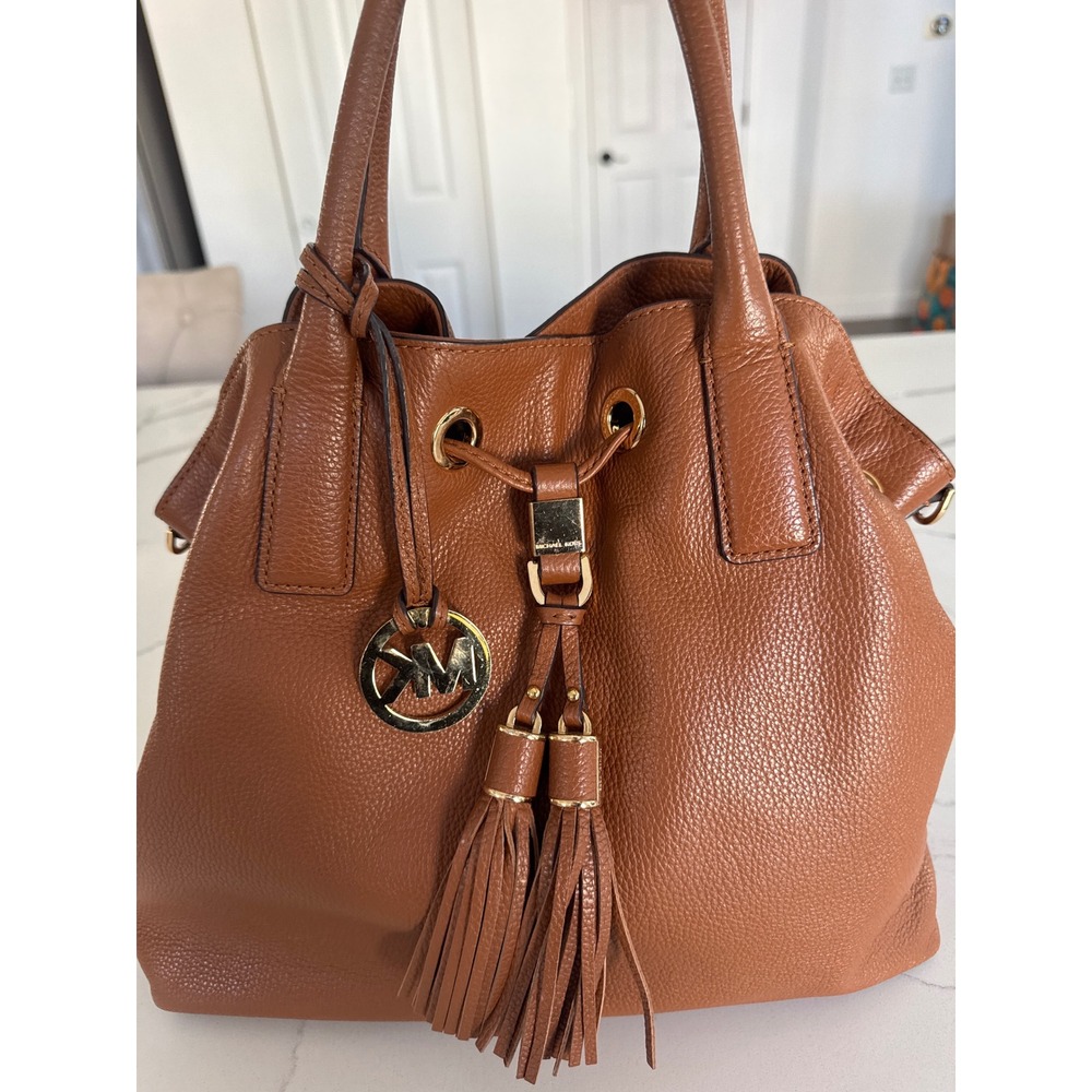 Michael Kors Luggage Brown Pebbled Leather Tassel Drawstring Hobo Bag
